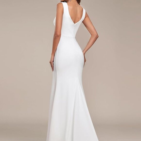 Classic V-Neck Mermaid Bodycon Slit White Wedding Dresses - Picture 3 of 8